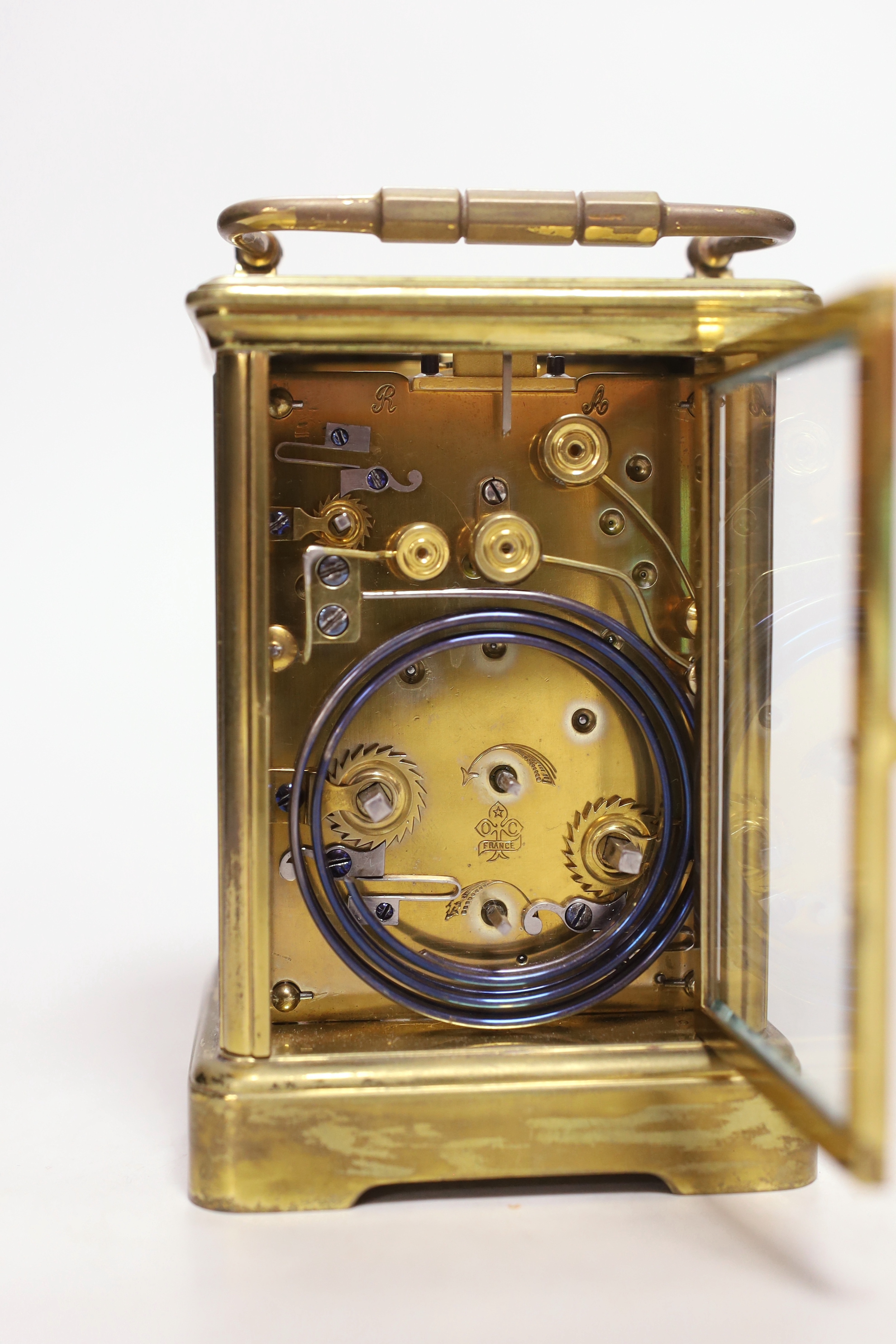 An early 20th century French brass sonnerie repeating carriage clock with alarm, 15cm tall